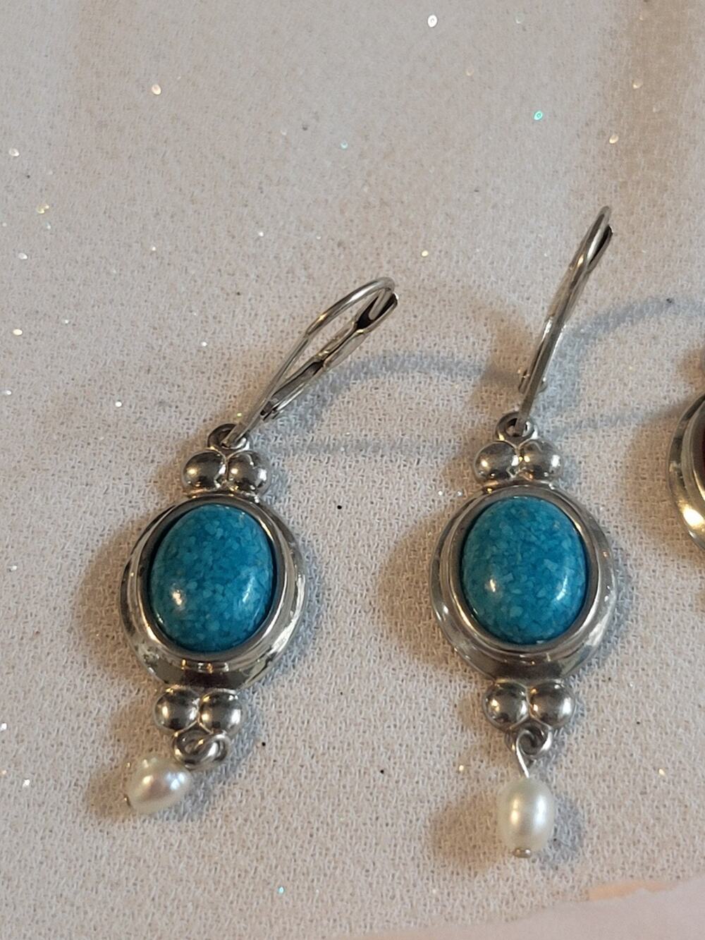 Lot of 2 COLEMAN CO. 925 Sterling Silver Vintage Turquoise Pearl Jacket Earrings